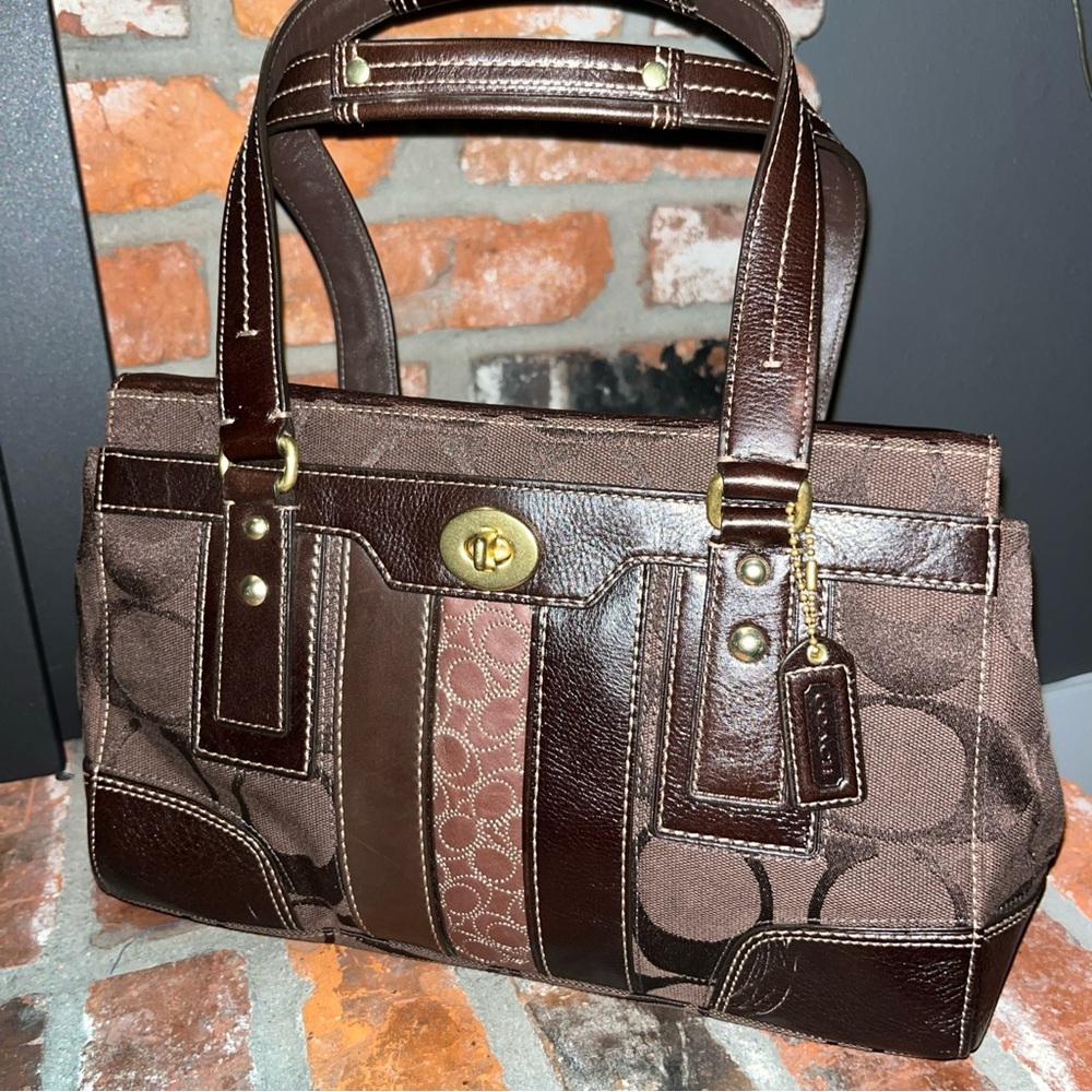 Coach Brown Patchwork Signature Satchel with Gold Hardware